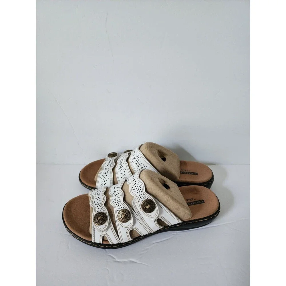 New Clarks Collection Women’s Leather Slide Sandals Leisa Grace White Size 8