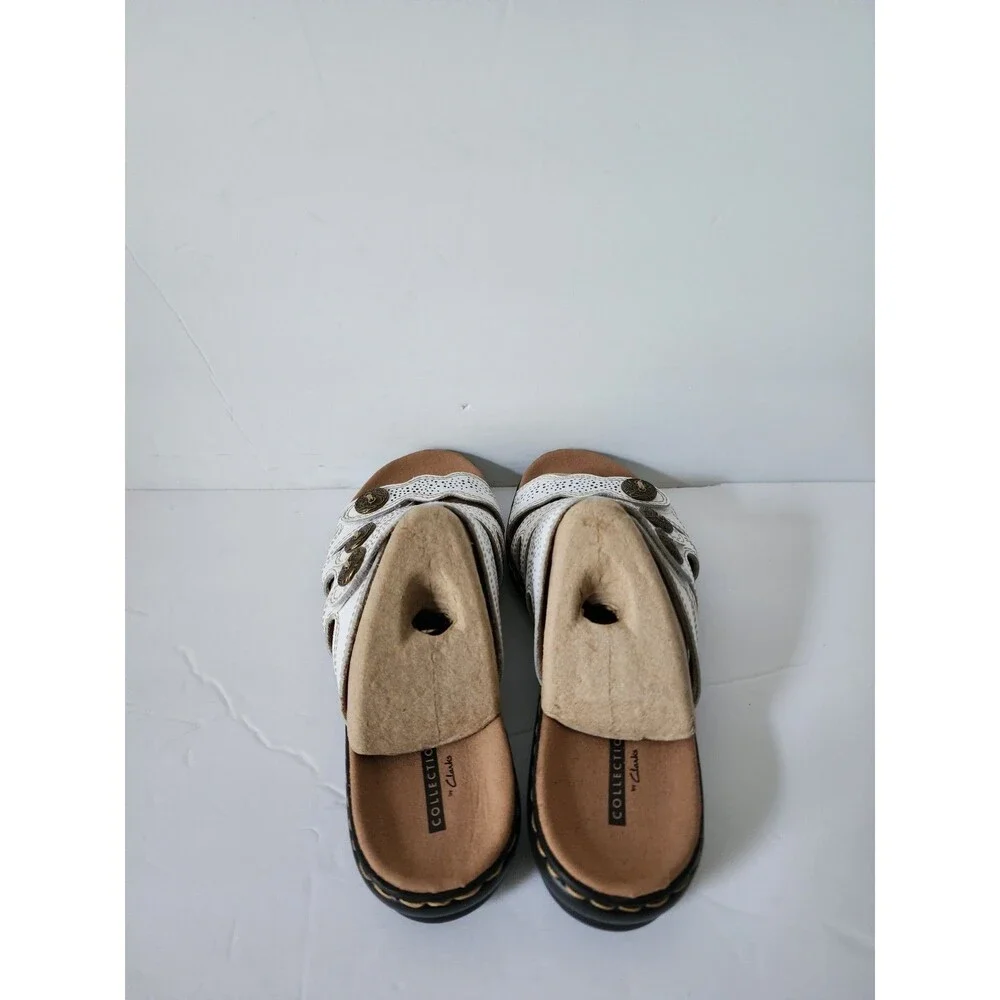 New Clarks Collection Women’s Leather Slide Sandals Leisa Grace White Size 8