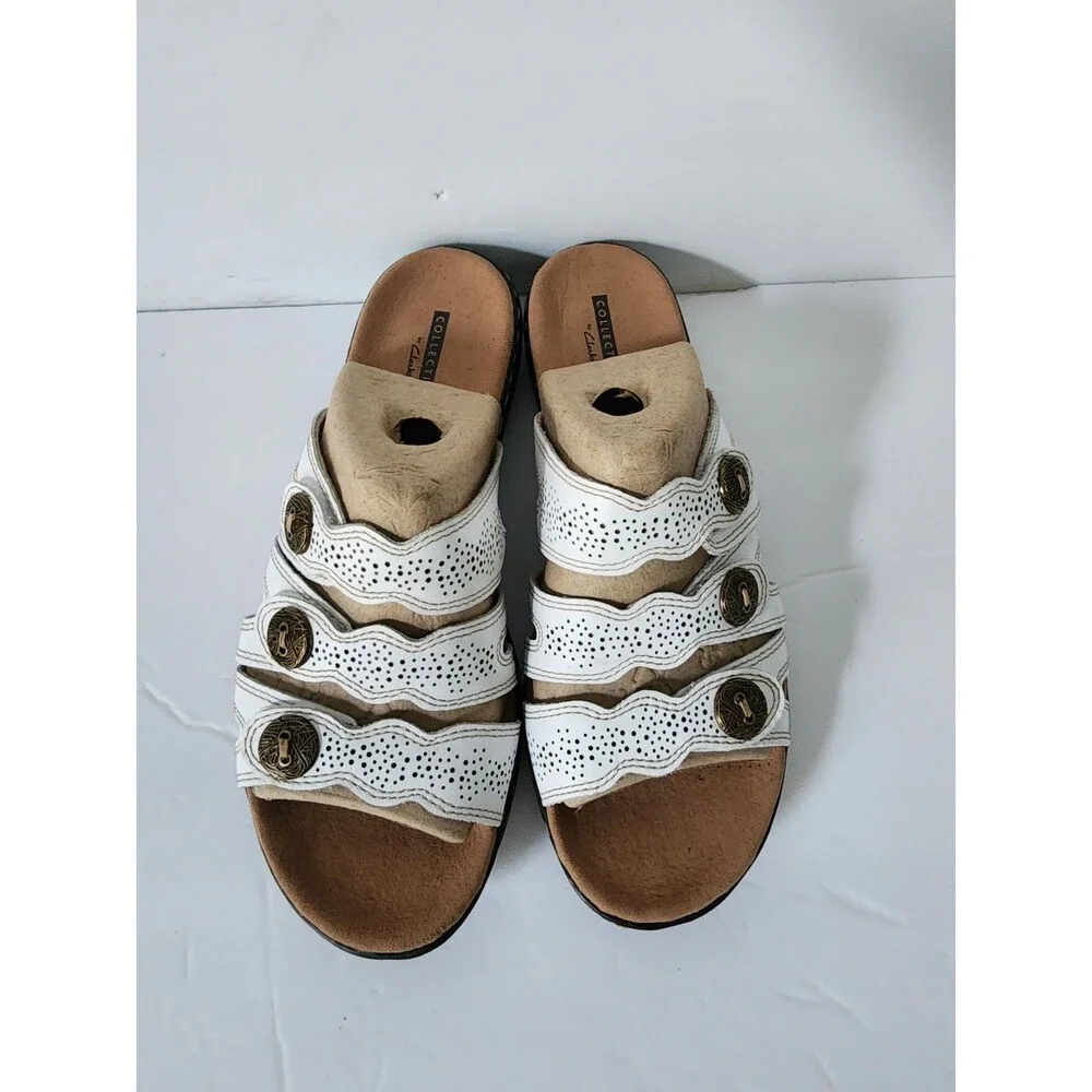 New Clarks Collection Women’s Leather Slide Sandals Leisa Grace White Size 8