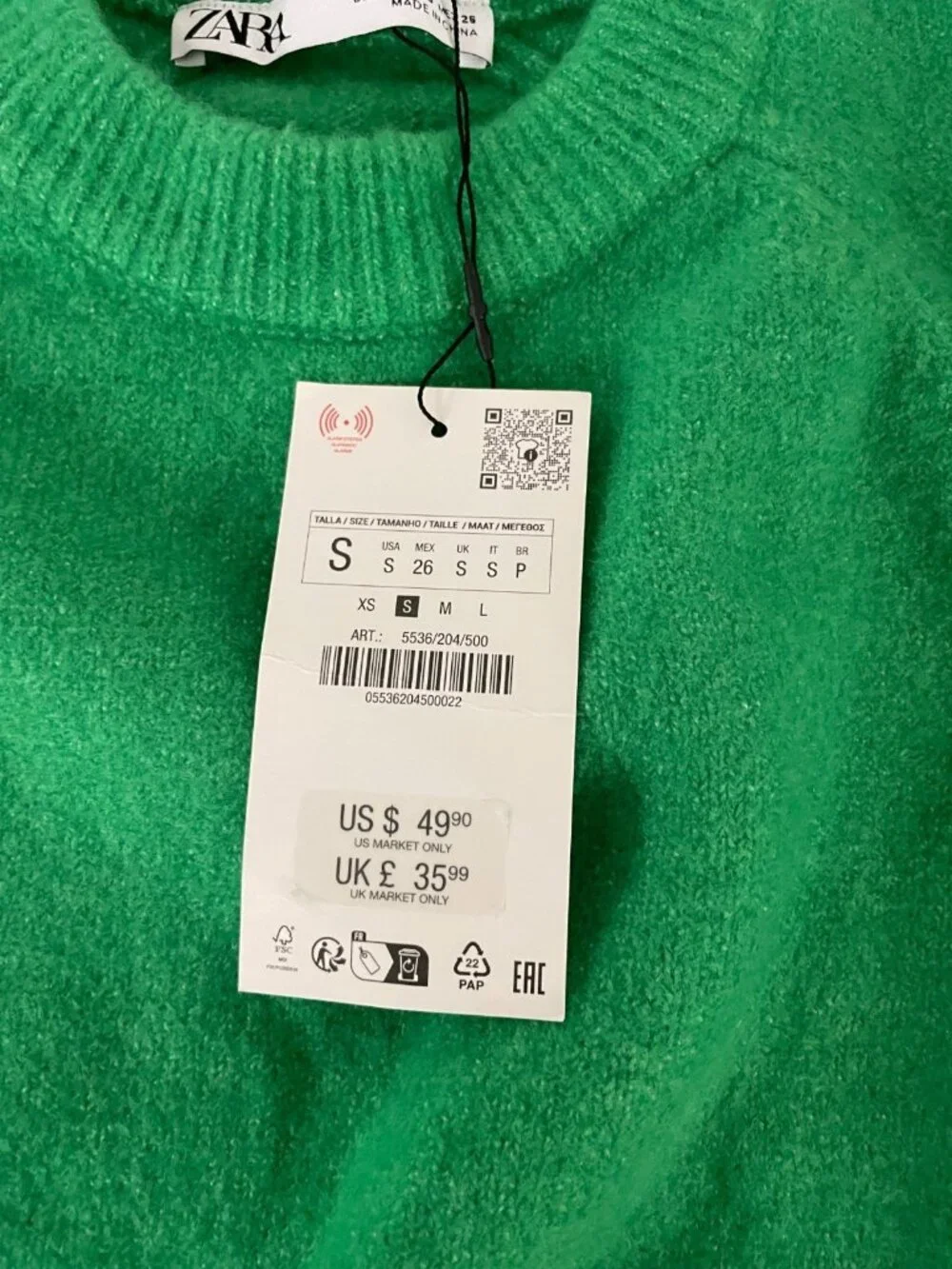 Zara Womens Sweater Jumper pullover S Green Crewneck Ribbed Hem 5536/204 NWT