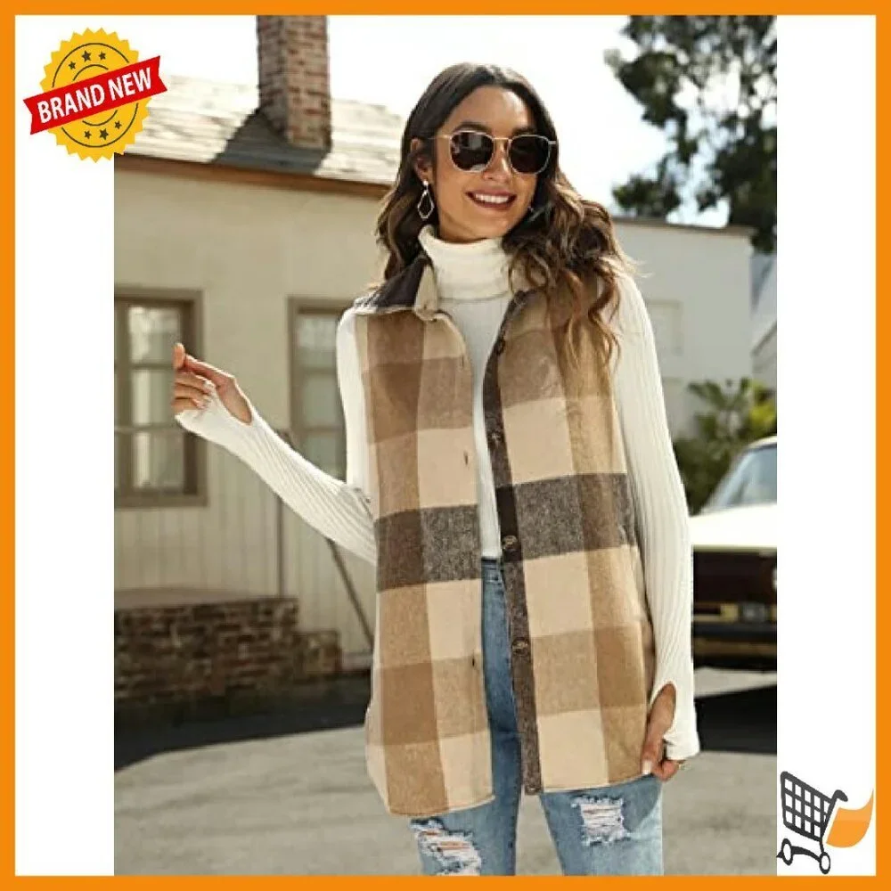 Women's Flannel Plaid Vest Sleeveless Button Down Shirt Jacket Pockets