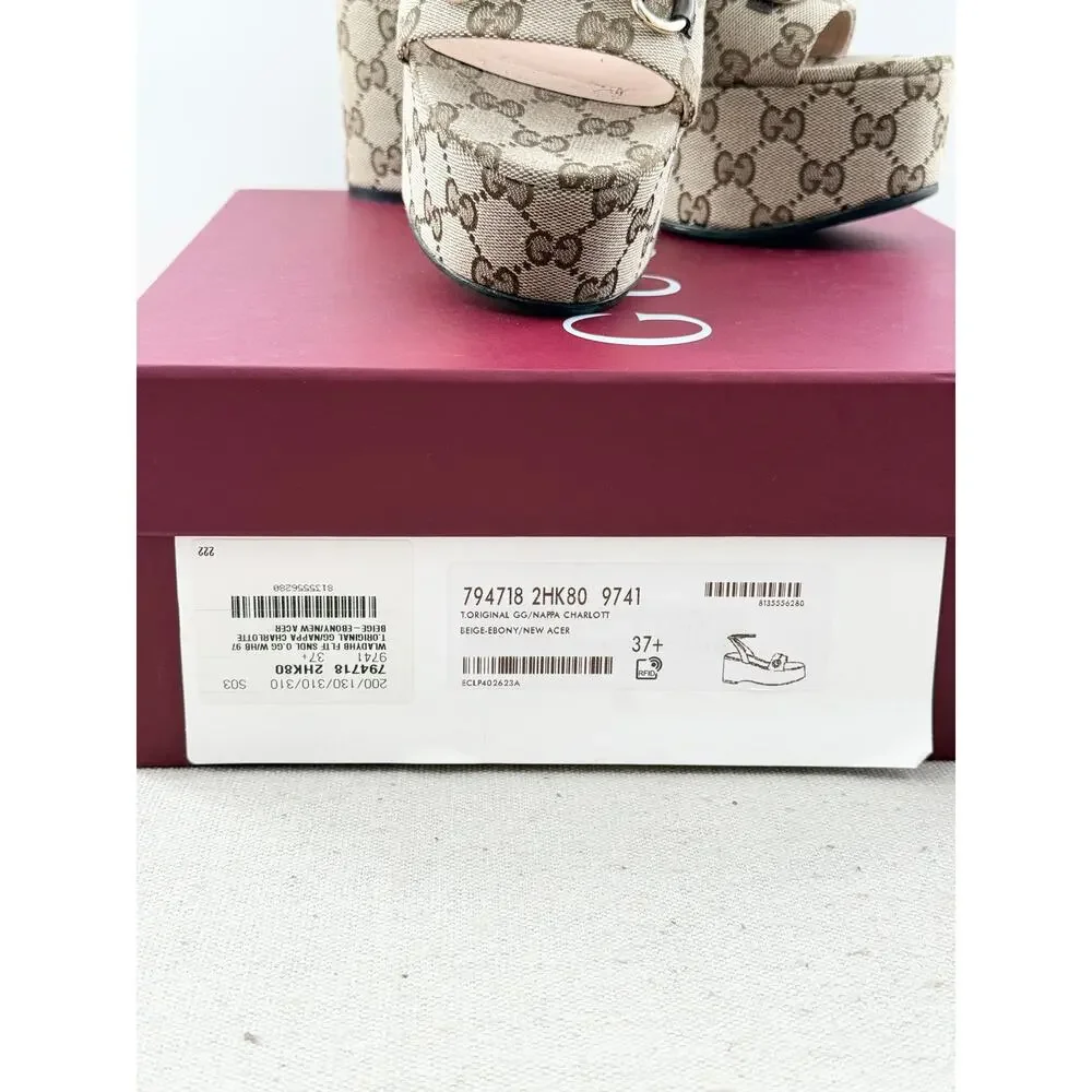Gucci Monogram Nappa Chalotte Horsebit Ankle Strap Platform Sandals Beige 37.5
