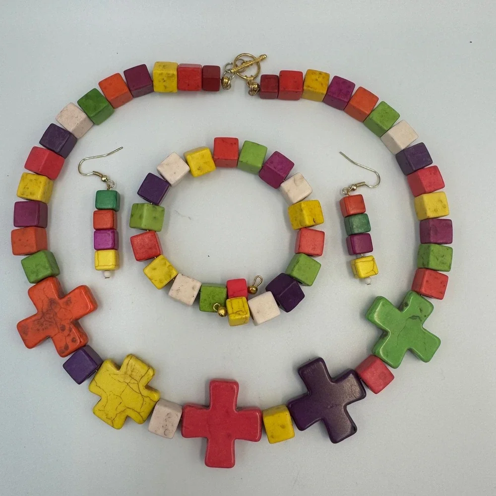 Multicolor Stone Cube Cross‎ Jewelry Set Necklace Bracelet Earrings Boho Rainbow