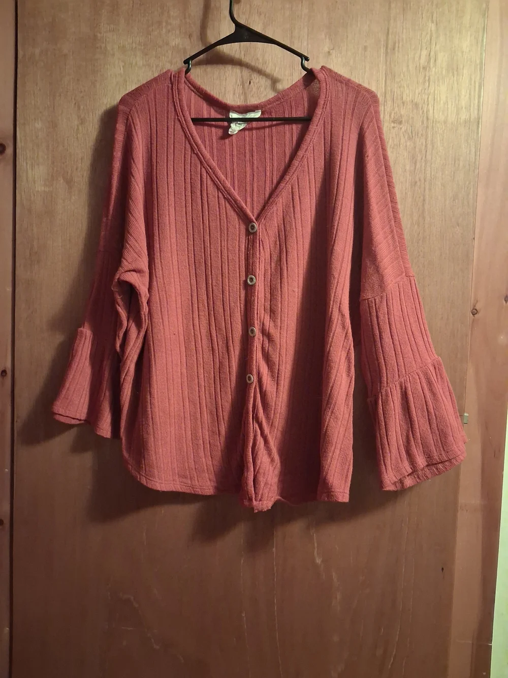 FANTASTIC FAWN Ribbed V-Neck Button-Front Bell Sleeve Cardigan - Rust Red
