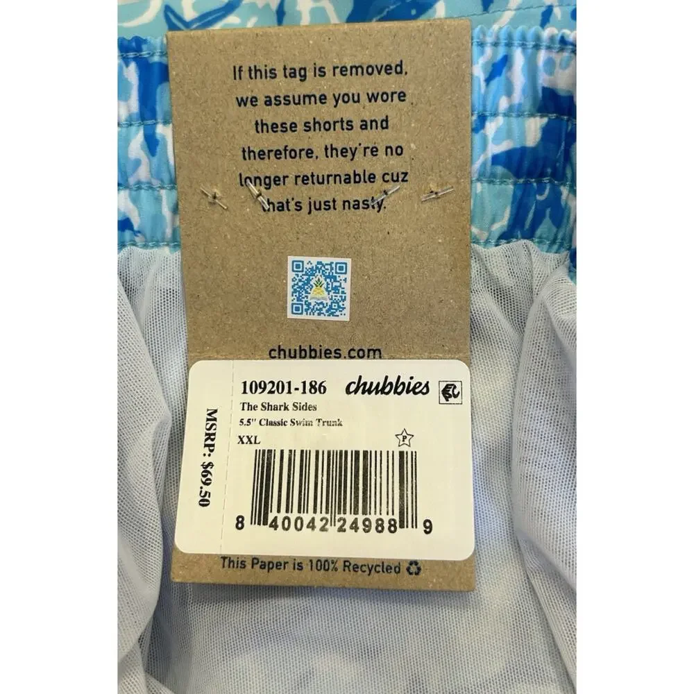 Chubbies The Shark Sides Swim Trunks Blue Shark Print NWT Men’s XXL