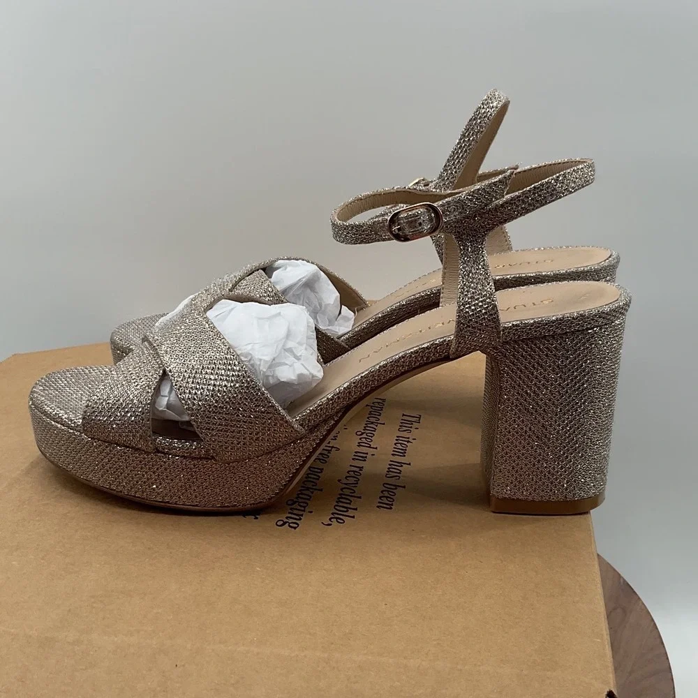 Stuart Weitzman‎ Metallic Champagne Glitter Platform Block Heel Sandals Spain 9