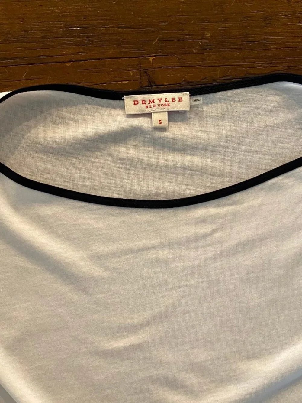 Demylee White T-Shirt, Size Small with Black Piping at Collar