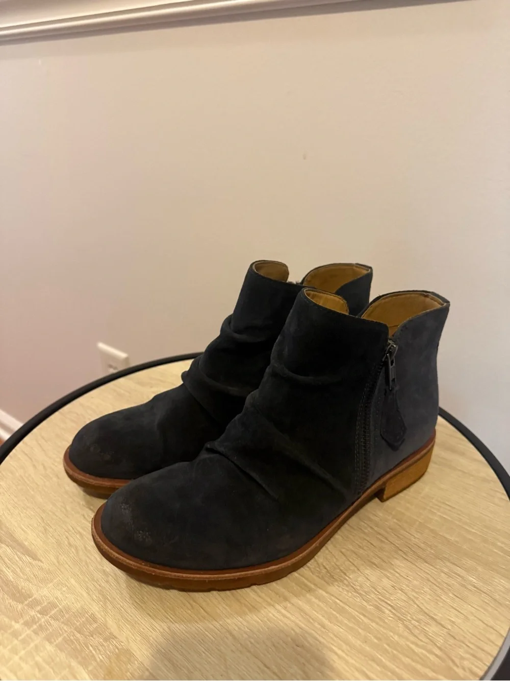 Sofft Blue Suede Ankle Booties with Brown Sole