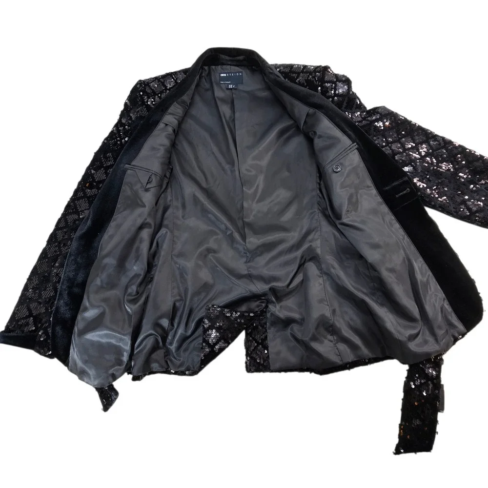 ASOS Design Suit Mens 38/31 Black Sequin Velvet Shawl Lapel Belted Luxury Disco