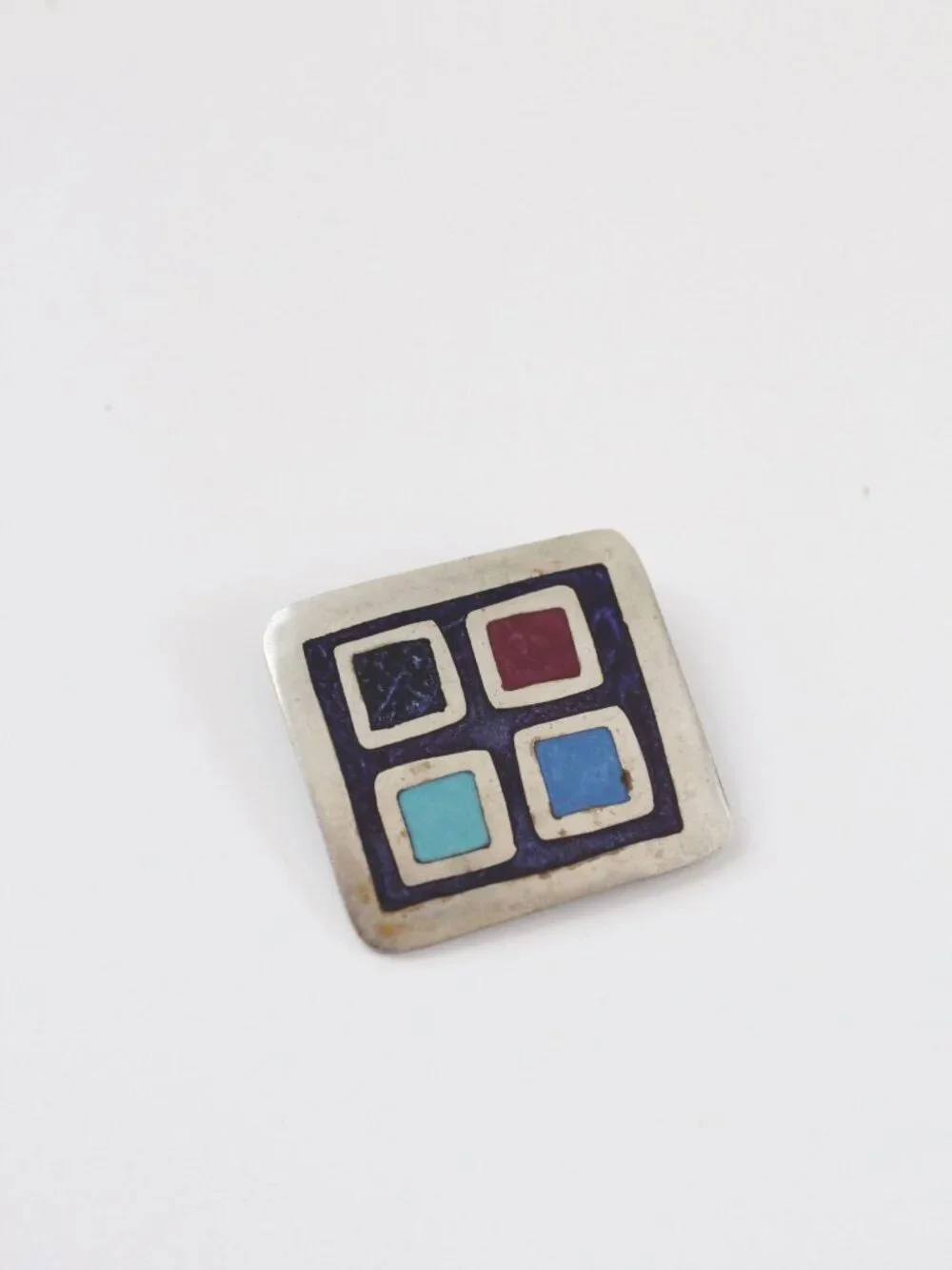 Vintage Modernist Geometric Enamel Inlay Mosaic Brooch Pin Pendant Alpaca Mexico