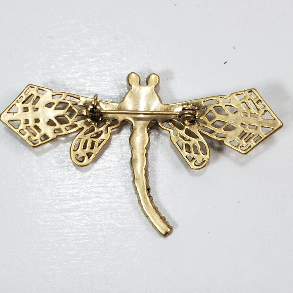Gold Tone Filigree Metal Amber Color Faceted Rhinestones Dragonfly Brooch Pin