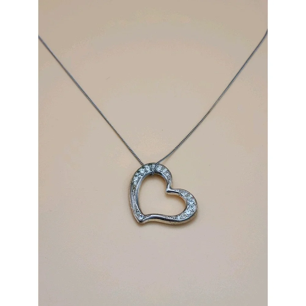 Tilted Heart Signed 925‎ Sterling Silver Plate With CZ Accents Necklace