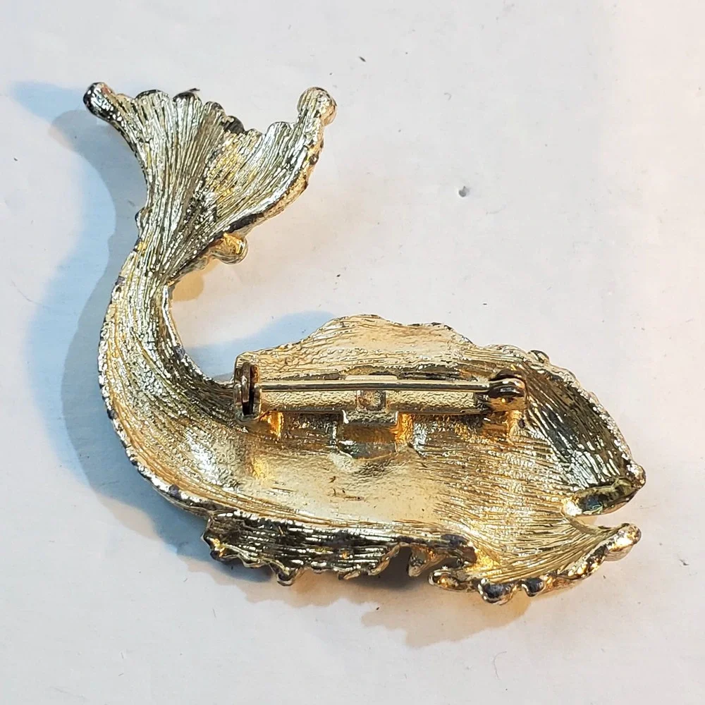 Vintage Gold Tone Green Blue Enamel Fantasy Fish Serpent Red Eye Brooch Pin