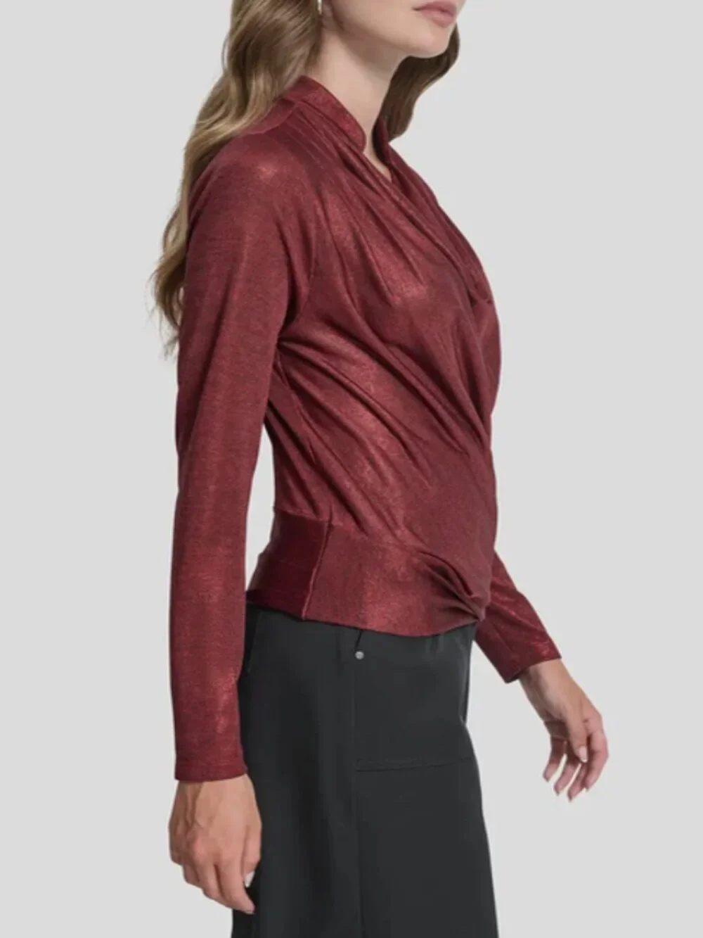 DKNY Donna Karan Women’s Merlot Foil Cowl Neck Long Sleeve Top Blouse Size M