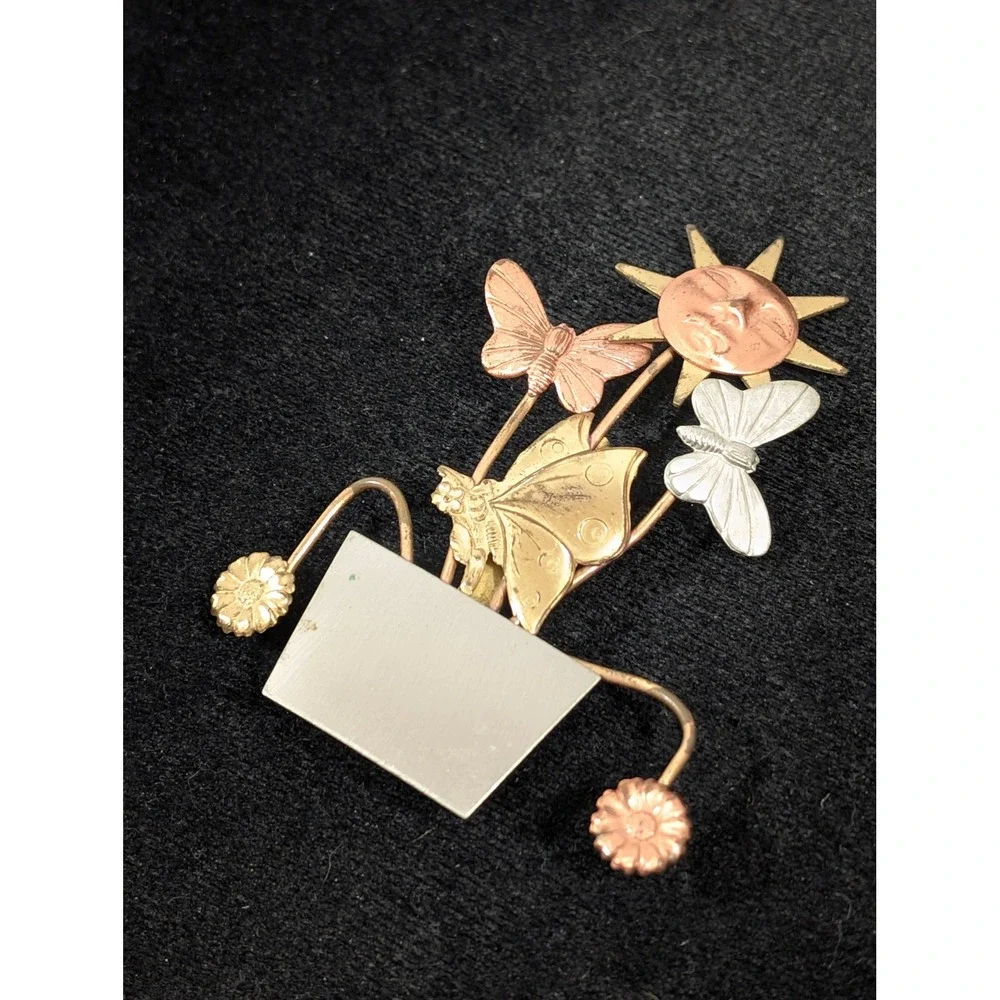 Vintage‎ Artisan Sun Sunflower Butterfly Brooch Mixed Metal