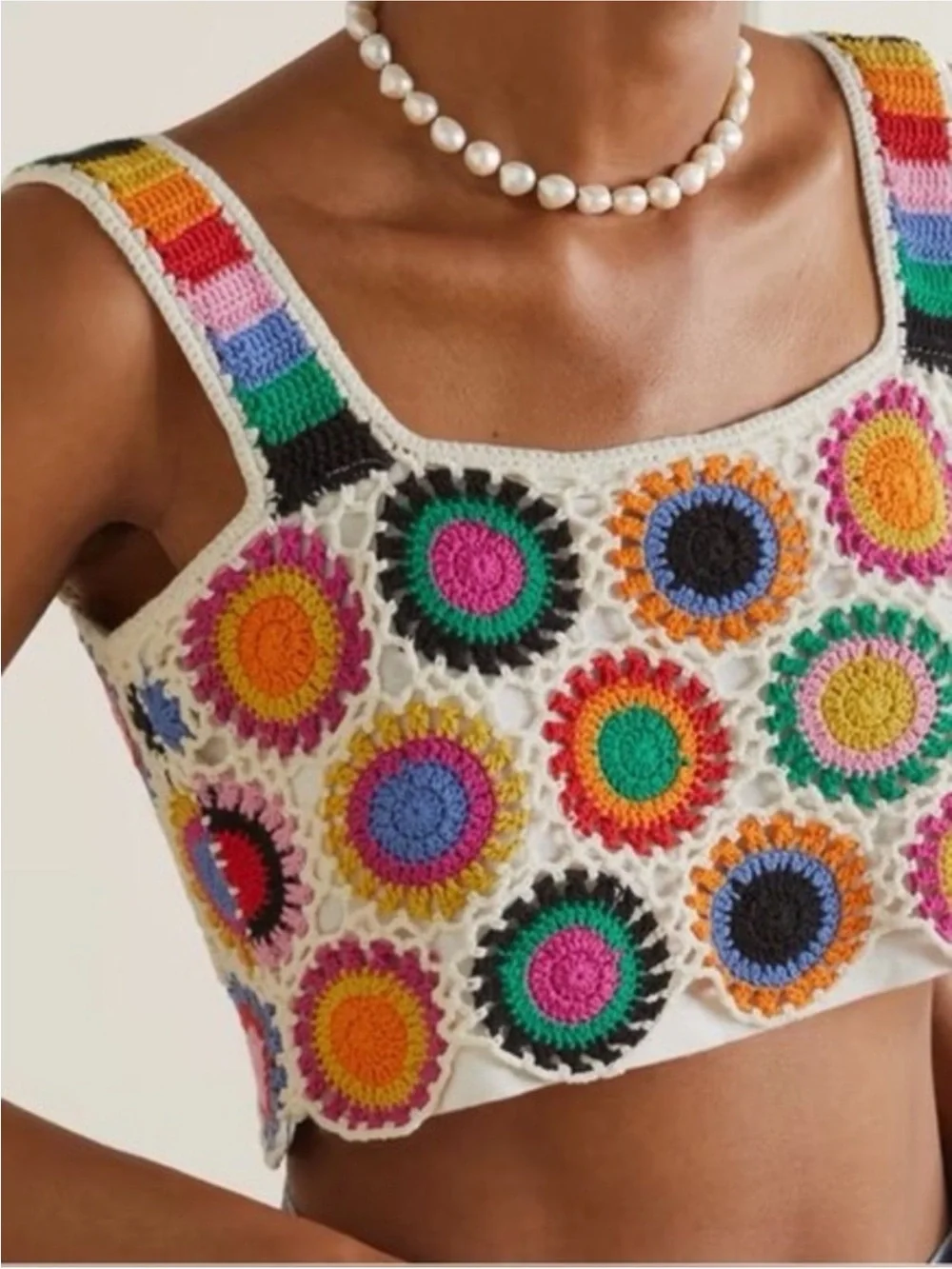 Farm Rio Crochet Matching Set Granny Square Crop Top Shorts Red Pink Size Medium