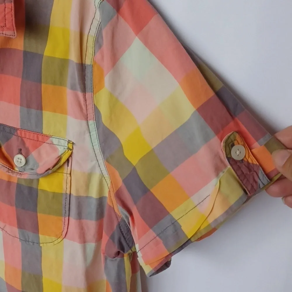 Woolrich Plaid Button-Up Short Sleeve Shirt, Pink, Gold, M, 21
