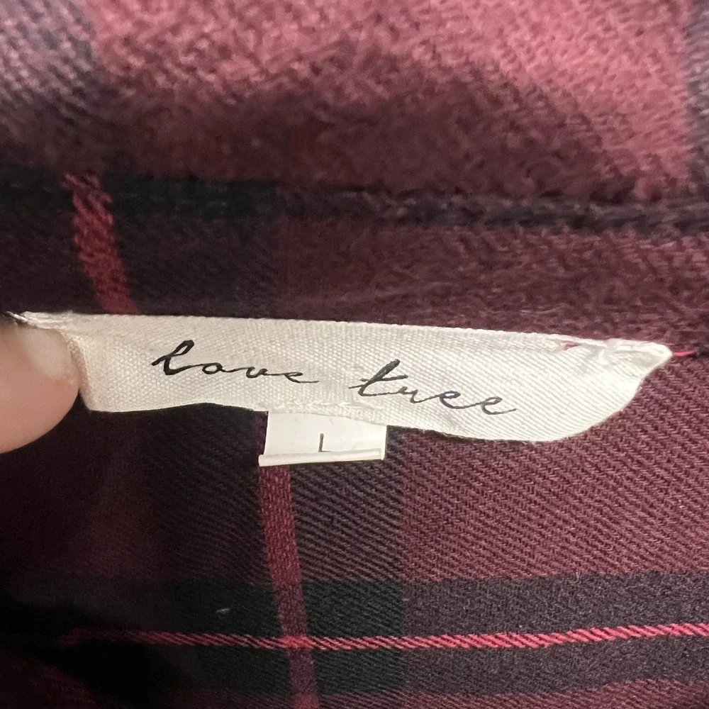 Love Tree Womens Plaid Shirt Large Cotton Burgundy Black Tie Front Flannel Style