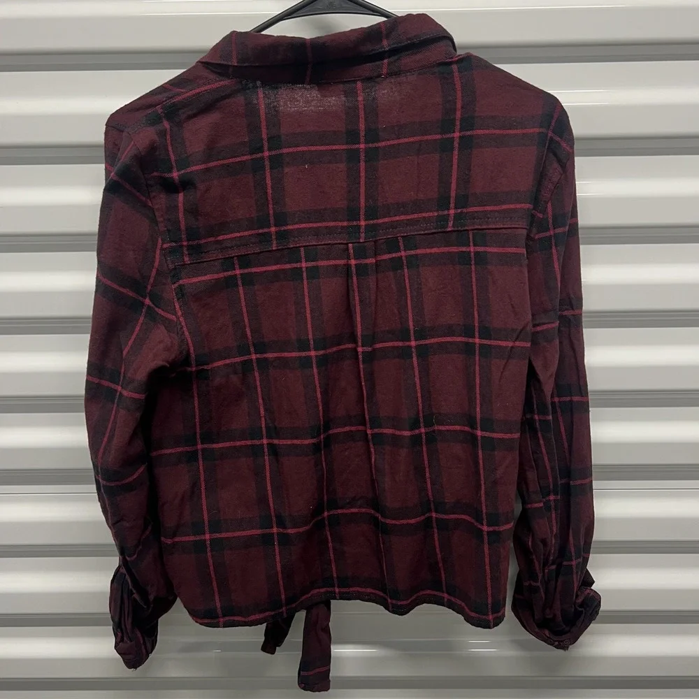 Love Tree Womens Plaid Shirt Large Cotton Burgundy Black Tie Front Flannel Style