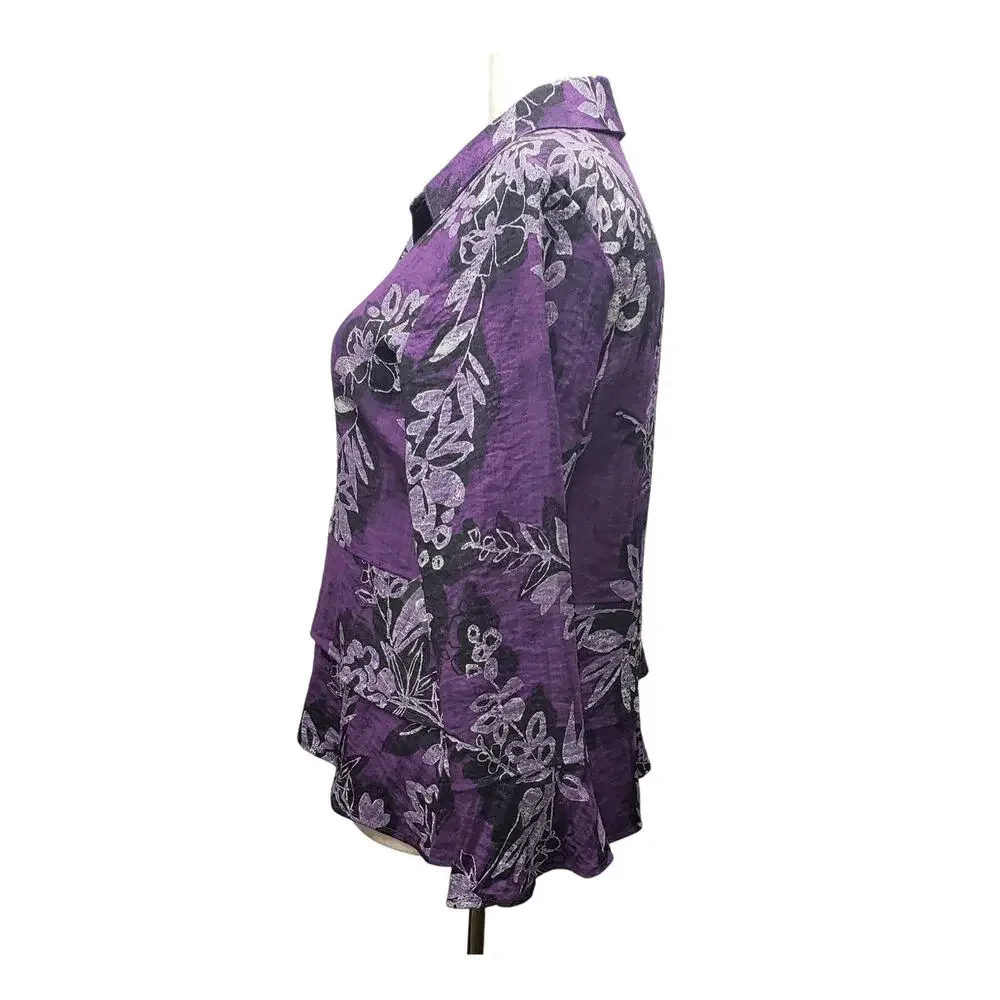 Habitat Purple Floral Peplum Blouse Womens M Long Sleeve Ruffle Boho Romantic