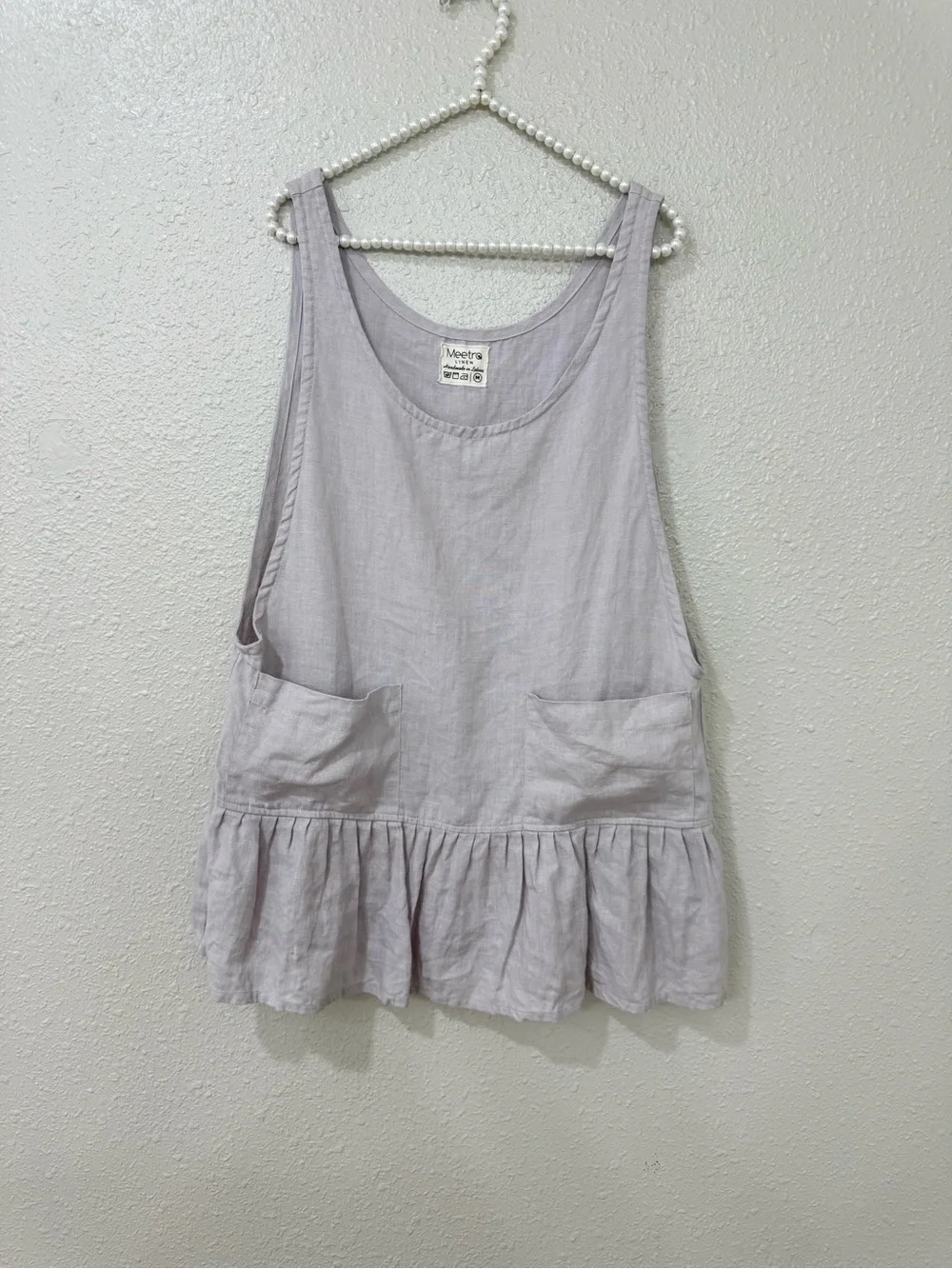 Meetra Linen Mini Dress M Handmade Latvia Peplum Ruffle Pockets Minimalist Cotta