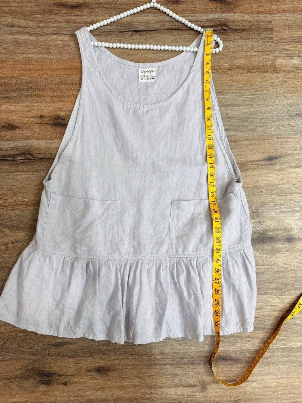 Meetra Linen Mini Dress M Handmade Latvia Peplum Ruffle Pockets Minimalist Cotta