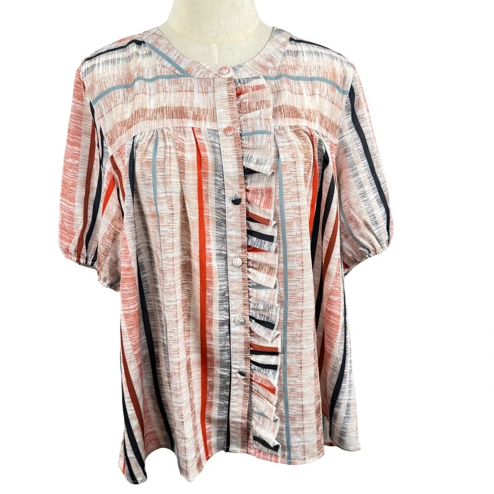 Womens Button Up XL Striped Ruffle Front Blouse Short Puff Sleeve Coastal Career
