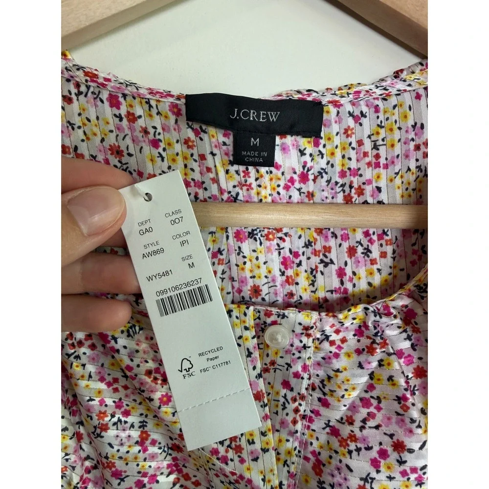 J.Crew Floral Ruffle Collar Pleated Button Up Blouse Pink Yellow Womens M NEW