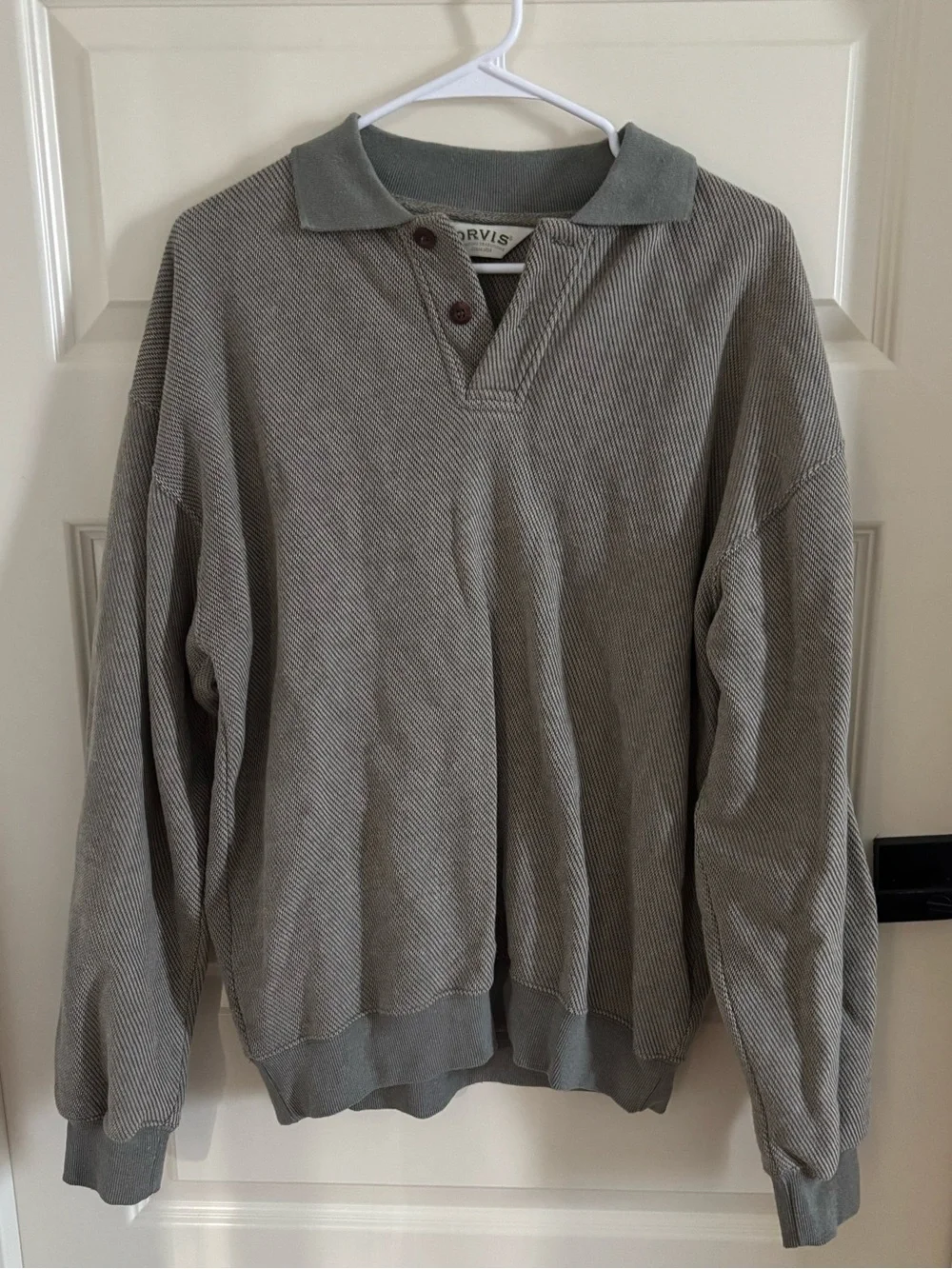 Orvis Men's Light Gray V-Neck Polo Sweater with brown leather elbow patches