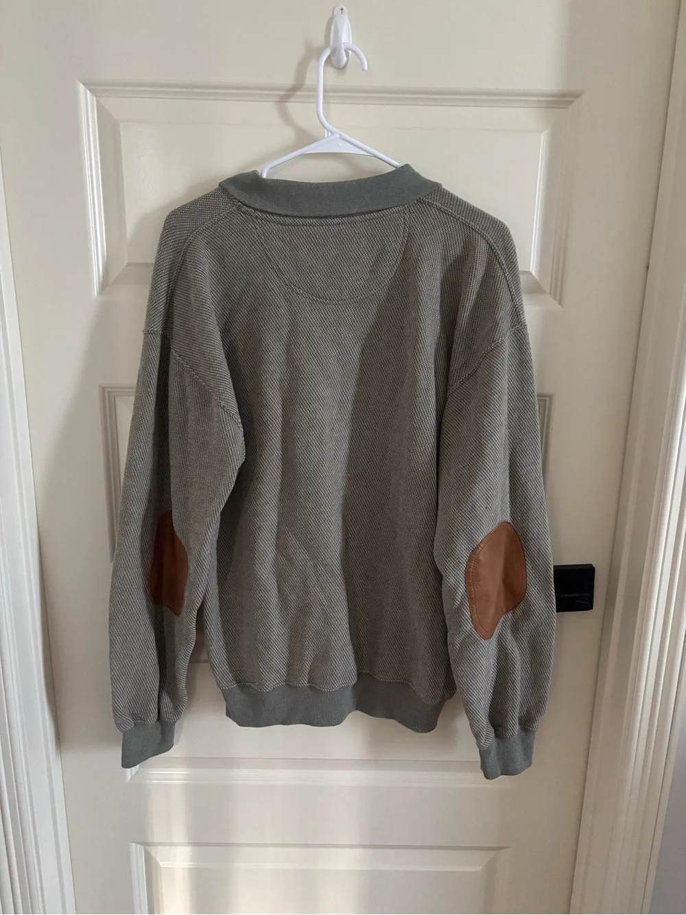 Orvis Men's Light Gray V-Neck Polo Sweater with brown leather elbow patches