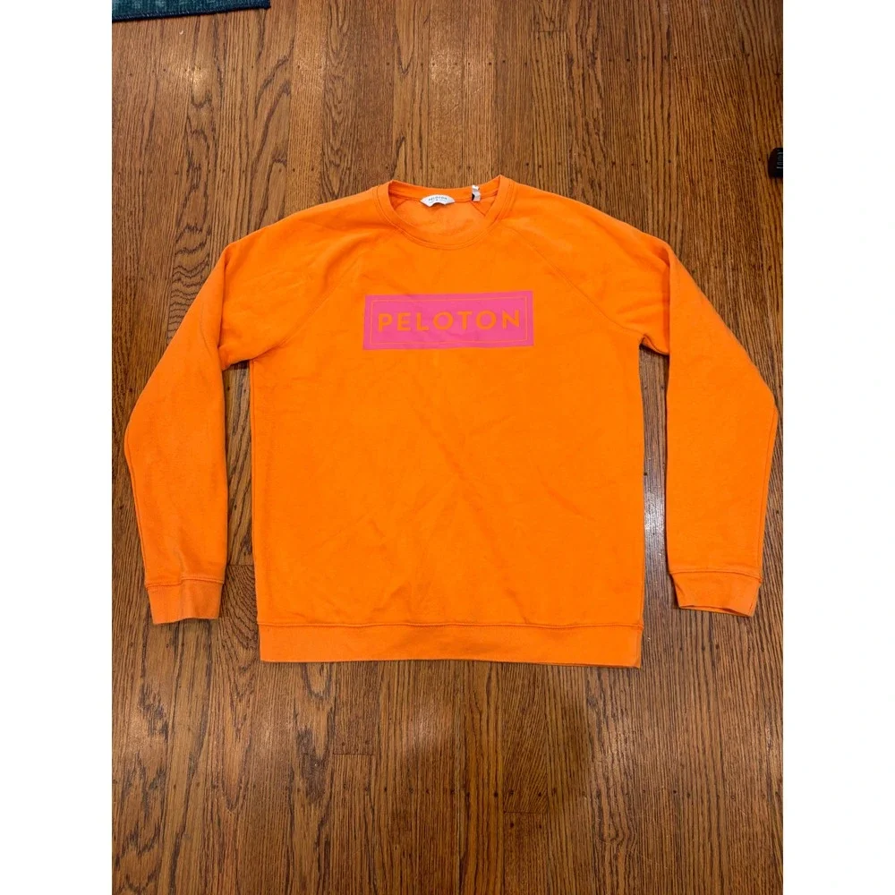 Peloton Womens M Orange Pink Box Logo Raglan Fleece Crewneck Sweatshirt Pullover