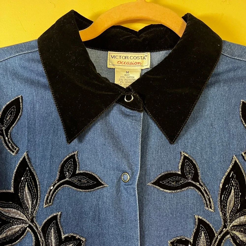 Vintage Victor Costa Occasion Denim Shirt M Blue Black Velvet Floral Beaded