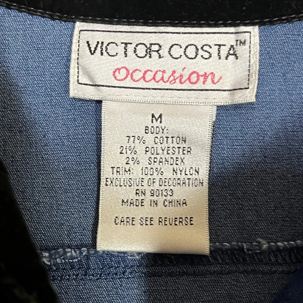 Vintage Victor Costa Occasion Denim Shirt M Blue Black Velvet Floral Beaded