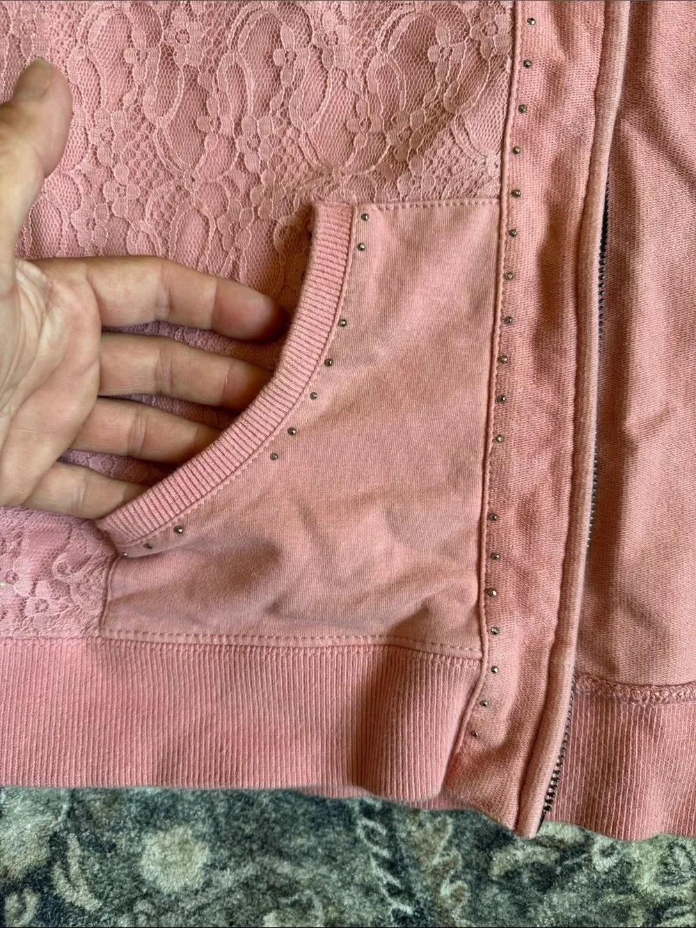BCBG Max Azria Pink Lace-Detail Zip Hoodie