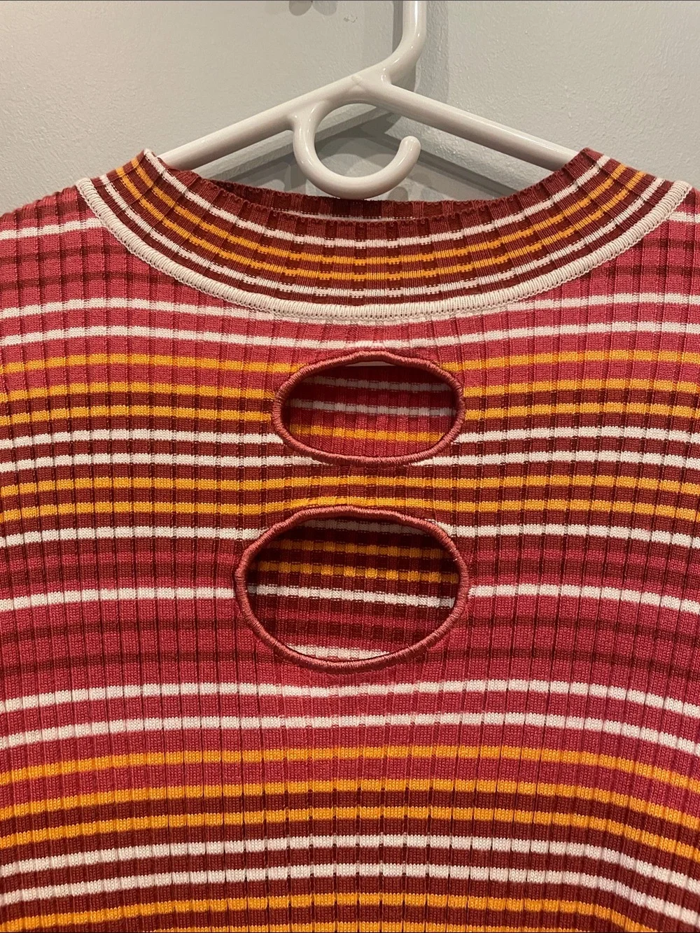 Striped Cutout Long-Sleeve Top - burgundy -Pink -Orange