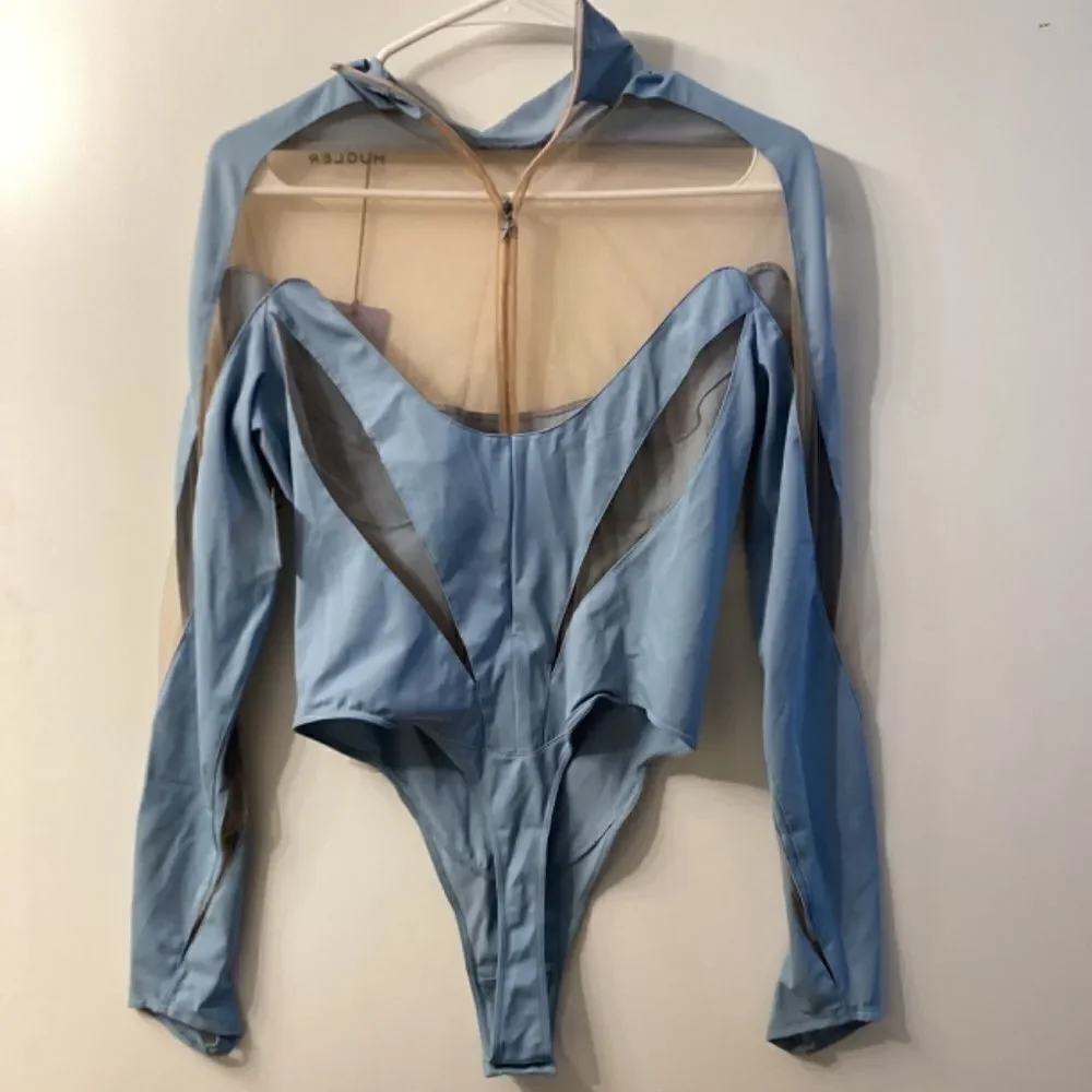 Mugler Illusion Cutout Bodysuit –‎ Light Blue Mesh, Size 8 | NWT