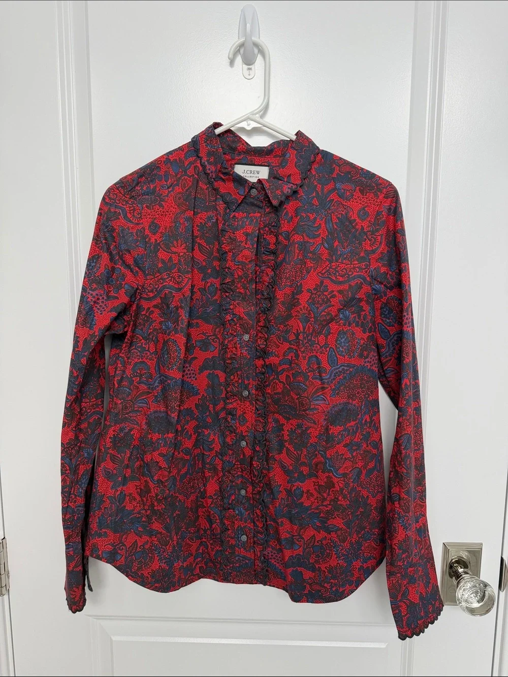J. Crew Red & Navy Floral Ruffle-Front Slim Fit Button-Down Shirt