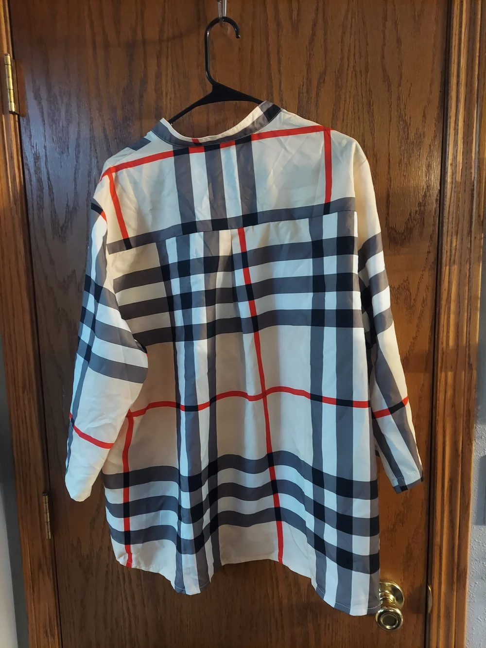 Classic Plaid V-Neck Tunic Top Roll Tab Sleeves White Grey Red 4XL