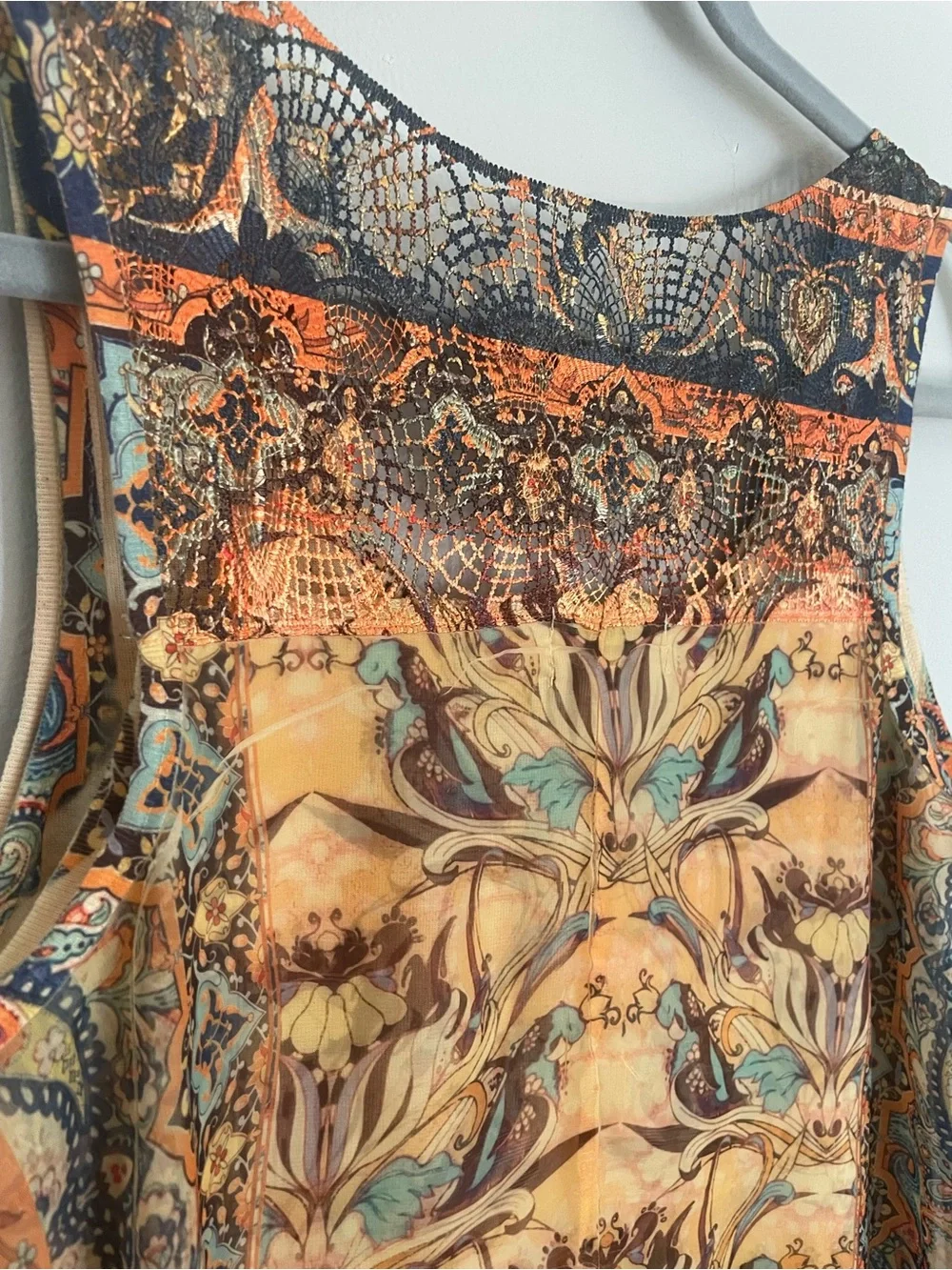 One World Boho Paisley Bird Print Chiffon Handkerchief Hem Tank Top Lace Sz M