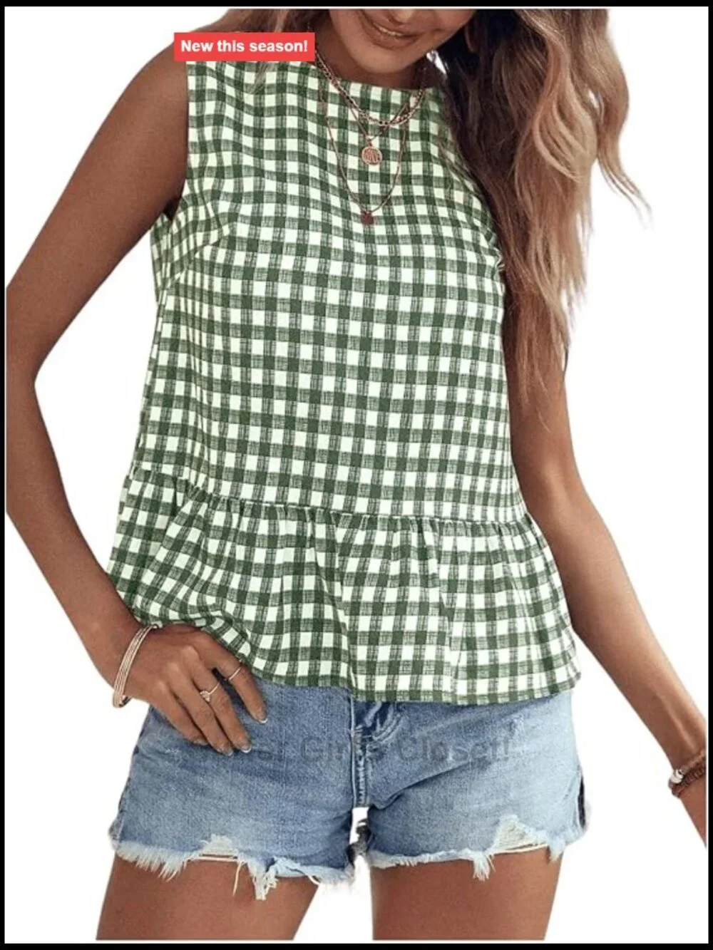 Womens Sleeveless Gingham Print Peplum Top Ruffle Hem Blouse