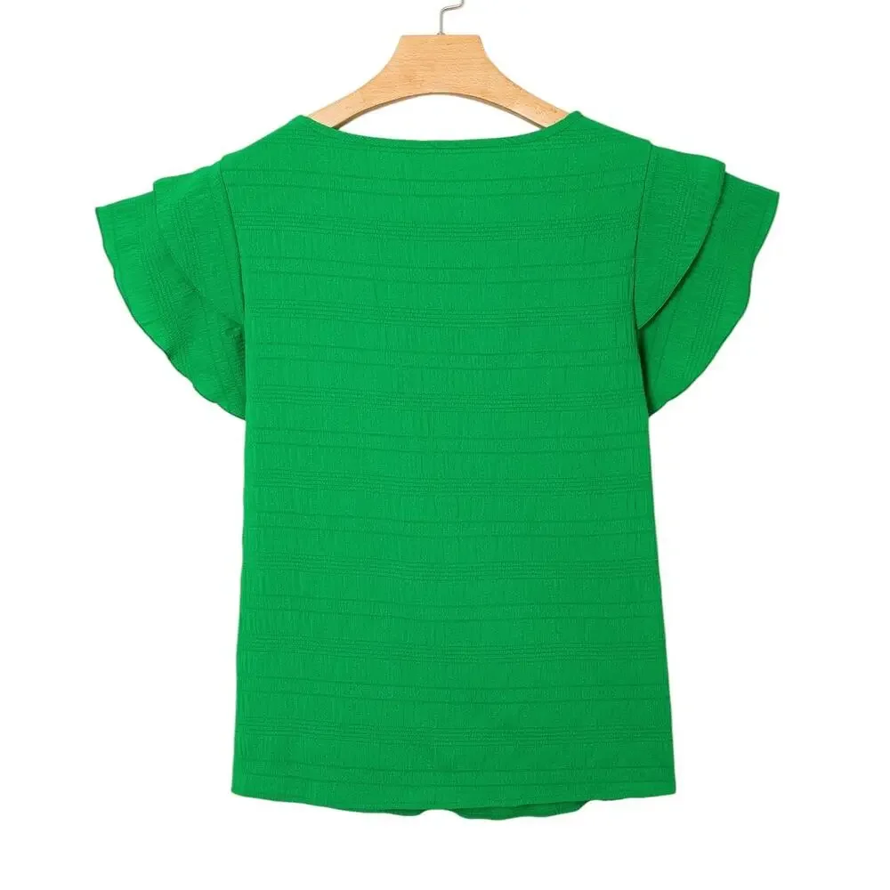 Green Textured Ruffled Short Sleeve Round Neck Top New Size Small