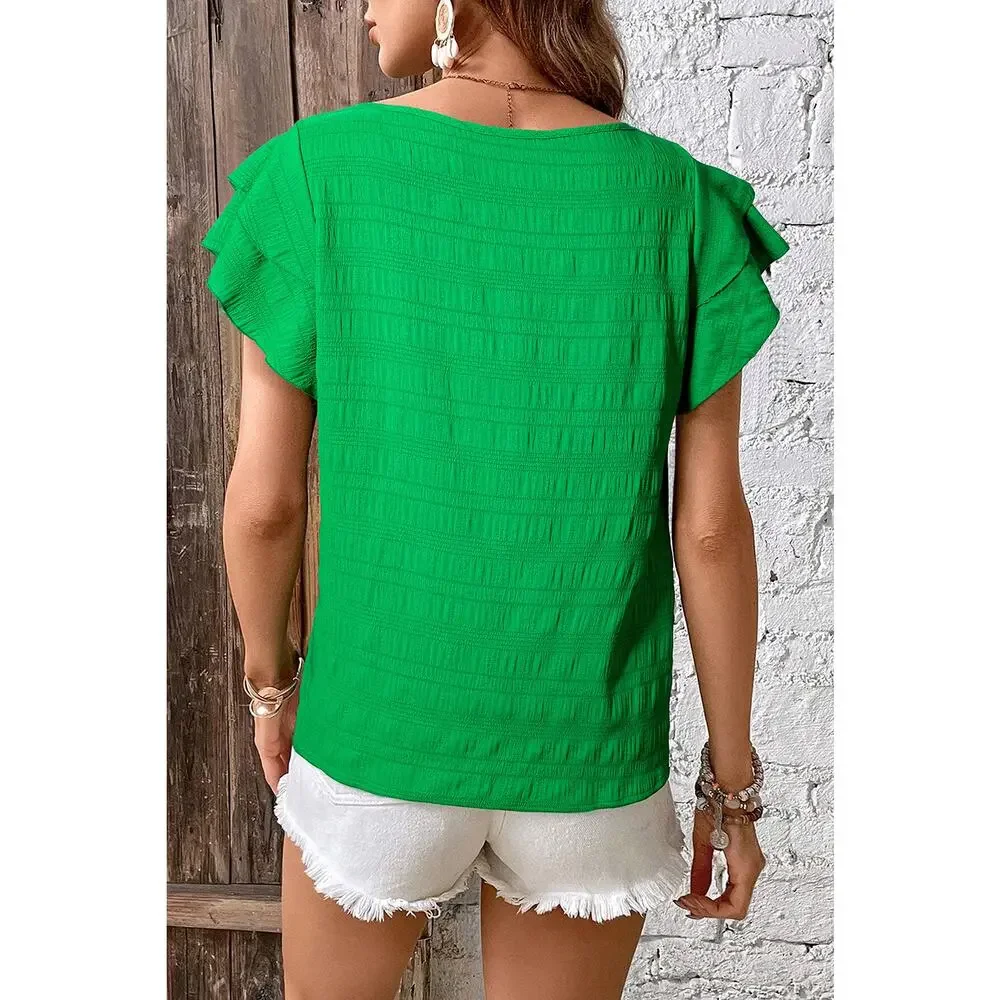 Green Textured Ruffled Short Sleeve Round Neck Top New Size Small