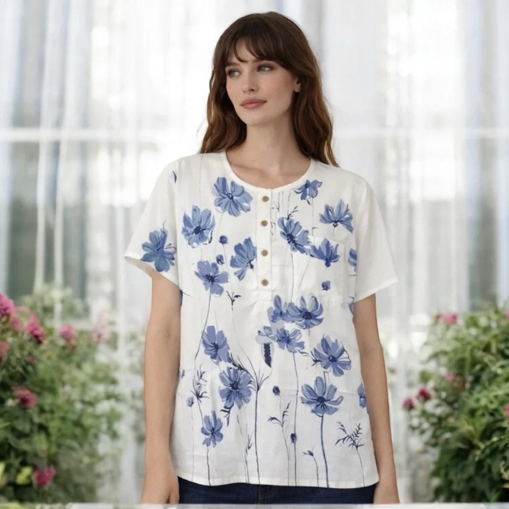 Romantic Vintage Floral Blouse Short Sleeve Cottagecore Blue White Size X Large