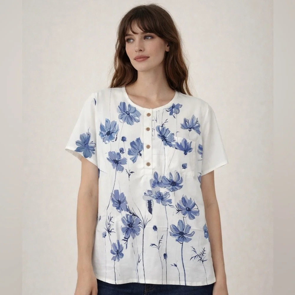 Romantic Vintage Floral Blouse Short Sleeve Cottagecore Blue White Size X Large