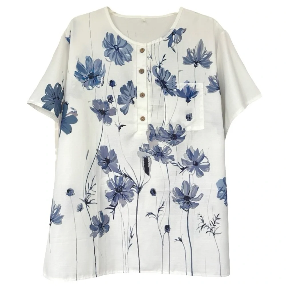 Romantic Vintage Floral Blouse Short Sleeve Cottagecore Blue White Size X Large