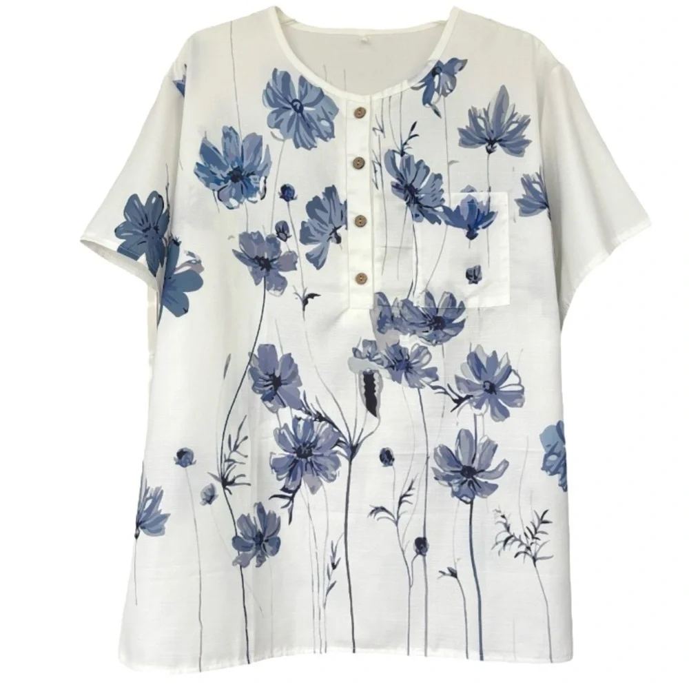 Romantic Vintage Floral Blouse Short Sleeve Cottagecore Blue White Size X Large