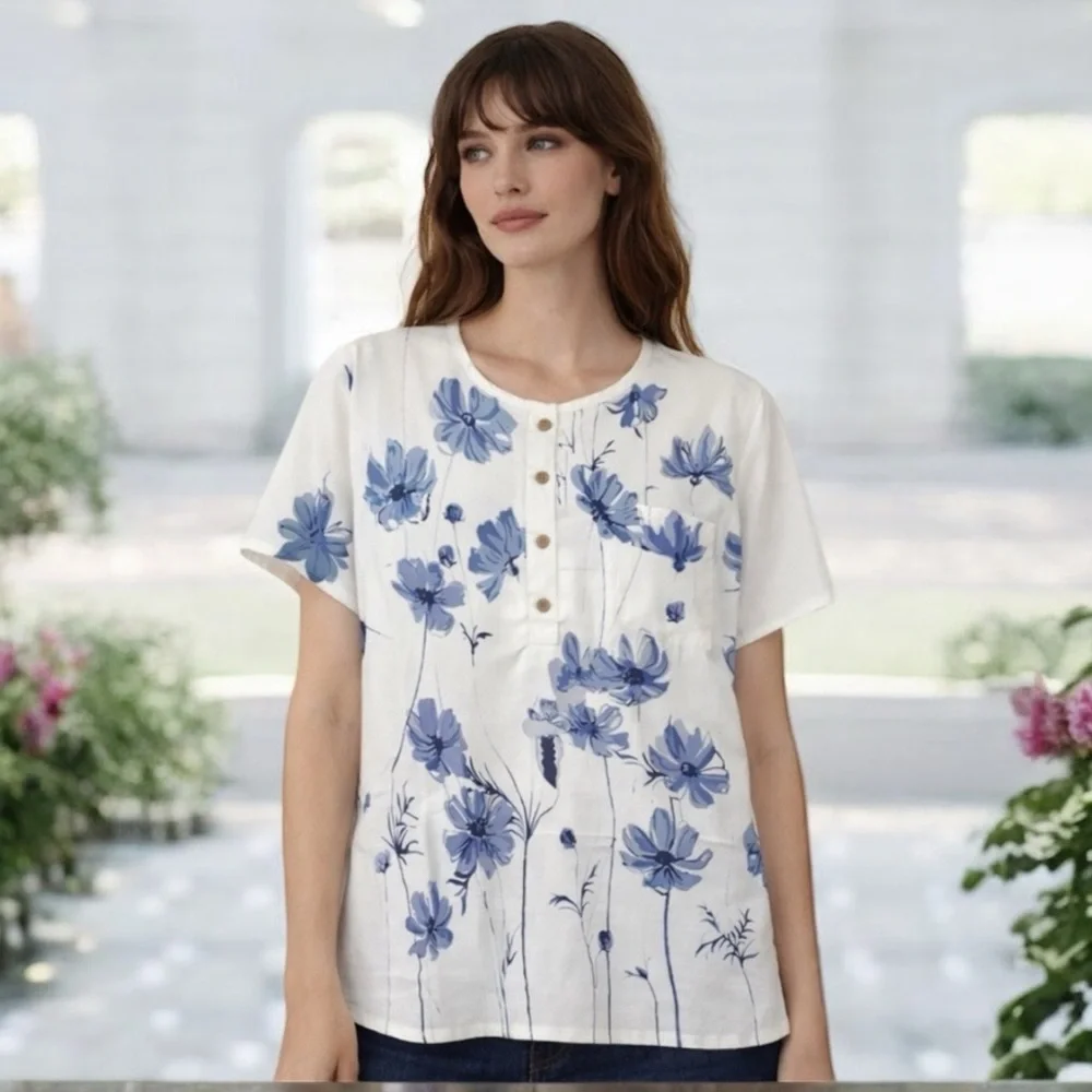 Romantic Vintage Floral Blouse Short Sleeve Cottagecore Blue White Size X Large