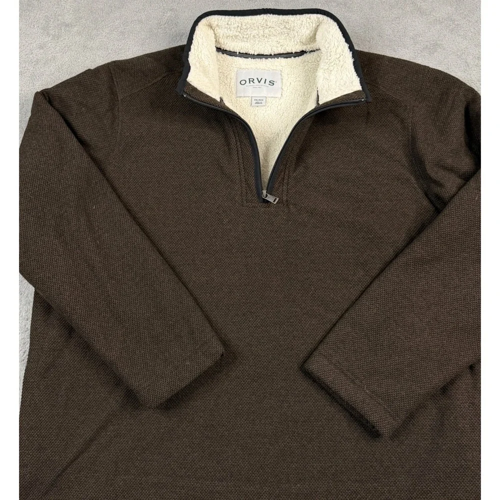 Orvis Mens XXL Brown Quarter Zip Sherpa Lined Collar Textured Fleece Pullover‎