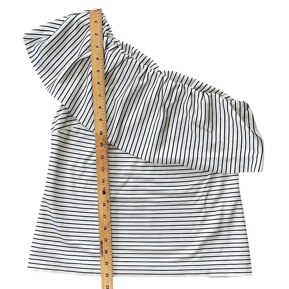 Ann Taylor Cream & Black Striped One Shoulder Ruffle Top Medium