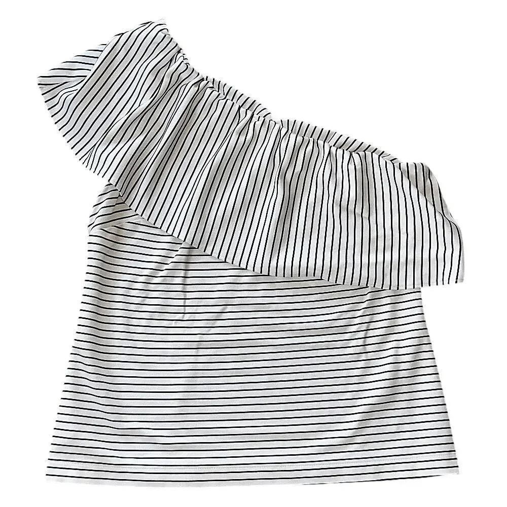 Ann Taylor Cream & Black Striped One Shoulder Ruffle Top Medium